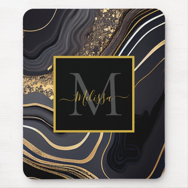 Modern Black and Gold Marbled Monogram Mouse Mat (Front)