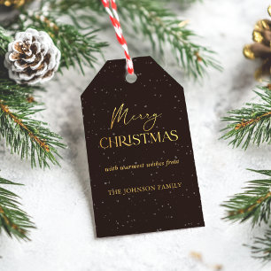 Modern Black and Gold Merry Christmas Family Name Gift Tags