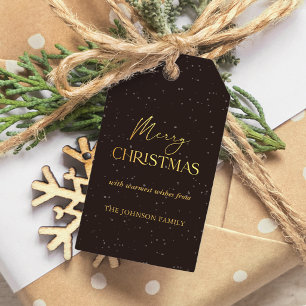Modern Black and Gold Merry Christmas Family Name Gift Tags