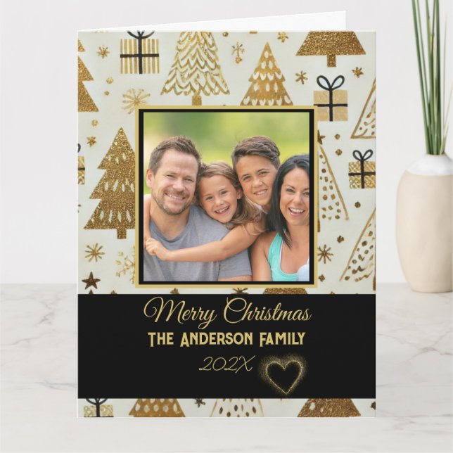 Modern Black and Gold Merry Christmas Family Photo Card (Front)