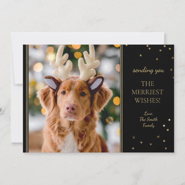 Modern Black and Gold Merry Christmas Photo Card (Front)