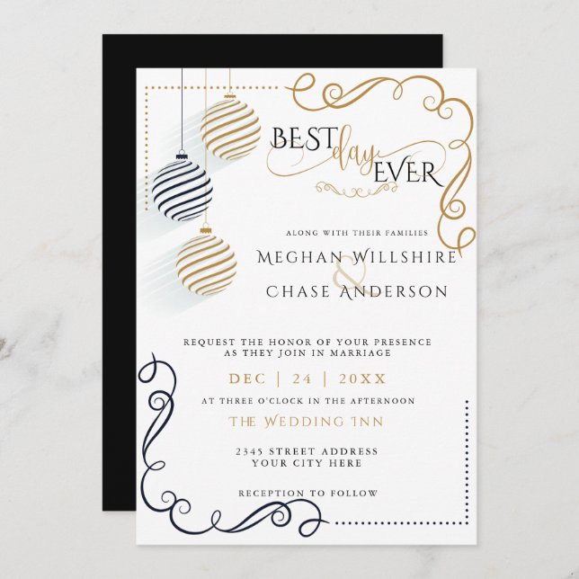 Modern Black and Gold  Minimal Holiday Baubles Invitation (Front/Back)