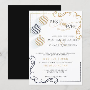 Modern Black and Gold Minimal Holiday Baubles Invitation