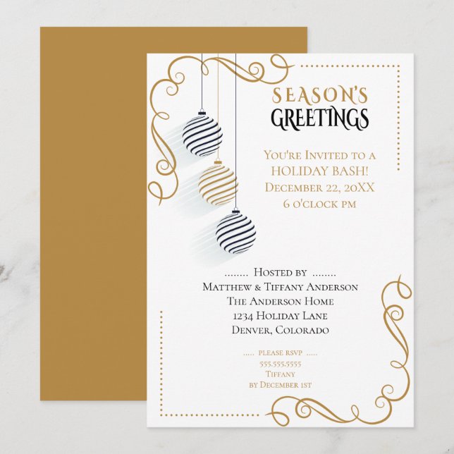 Modern Black and Gold  Minimal Holiday Baubles Invitation (Front/Back)