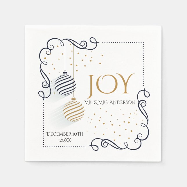Modern Black and Gold Minimal Holiday Baubles Napkin (Front)