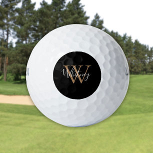 Modern Black And Gold Monogram Script Name  Golf Balls