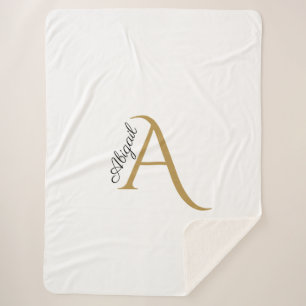 Modern Black and Gold Monogram White Sherpa Blanket