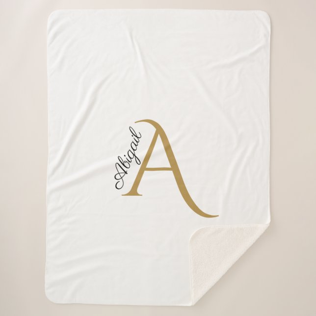 Modern Black and Gold Monogram White Sherpa Blanket (Front)