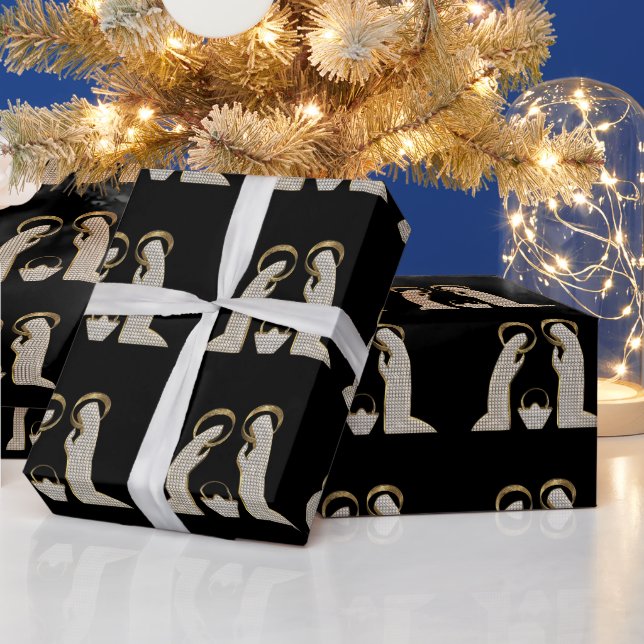 Modern Black and Gold Nativity Crib Christmas Wrapping Paper (Holidays)