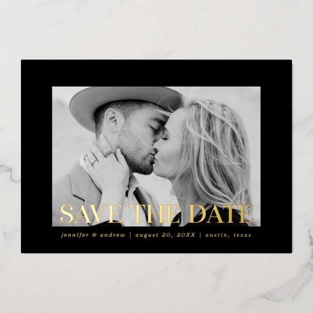 Modern Black and Gold Overlay Photo Save the Date (Front)
