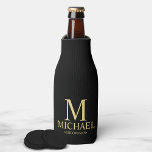 Modern Black and Gold Personalised Groomsman Bottle Cooler<br><div class="desc">Modern Black and Gold Personalised Groomsman Gifts featuring personalised monogram, groomsman's name and title in gold classic serif font style on black background. Also perfect for Best Man, Father of the Bride and more. Please Note: The foil details are simulated in the artwork. No actual foil will be used in...</div>