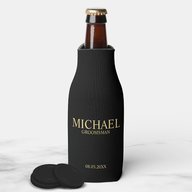 Modern Black and Gold Personalised Groomsman Bottle Cooler (Creator Uploaded)