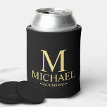 Modern Black and Gold Personalised Groomsman Can Cooler<br><div class="desc">Modern Black and Gold Personalised Groomsman Gifts featuring personalised monogram, groomsman's name and title in gold classic serif font style on black background. Also perfect for Best Man, Father of the Bride and more. Please Note: The foil details are simulated in the artwork. No actual foil will be used in...</div>