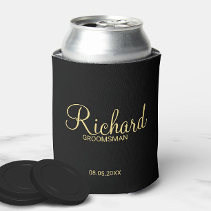 Modern Black and Gold Personalised Groomsman Can Cooler