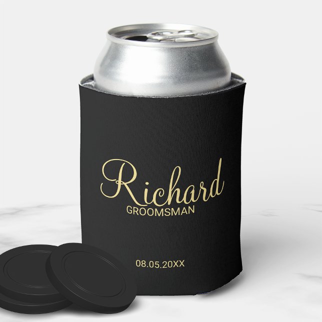 Modern Black and Gold Personalised Groomsman Can Cooler (Creator Uploaded)