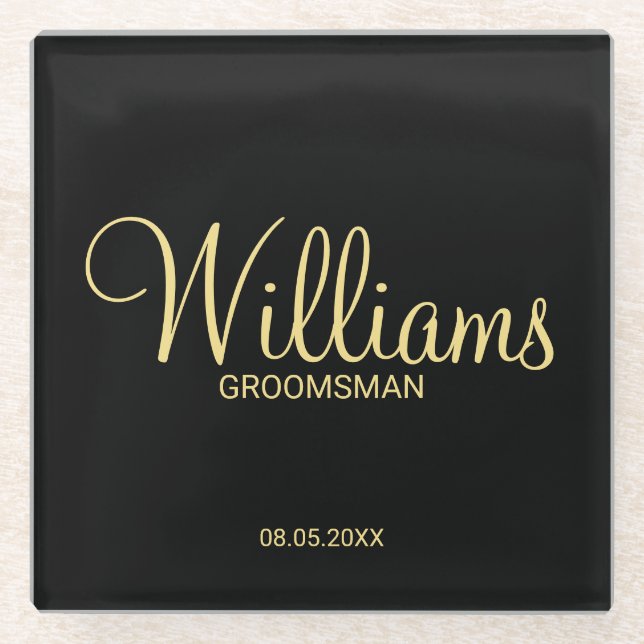 Modern Black and Gold Personalised Groomsman Glass Coaster (Front)