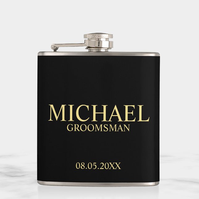 Modern Black and Gold Personalised Groomsman Hip Flask (Creator Uploaded)
