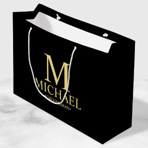 Modern Black and Gold Personalised Groomsman Large Gift Bag