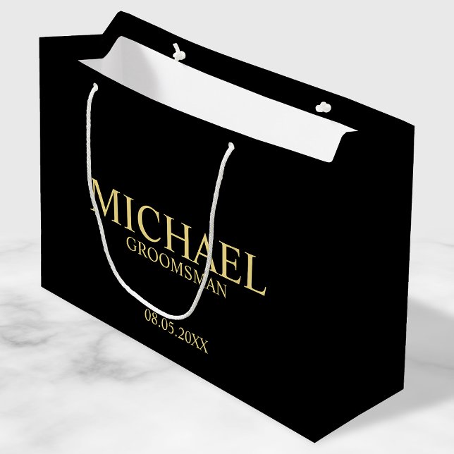 Modern Black and Gold Personalised Groomsman Large Gift Bag (Creator Uploaded)