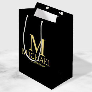 Modern Black and Gold Personalised Groomsman Medium Gift Bag