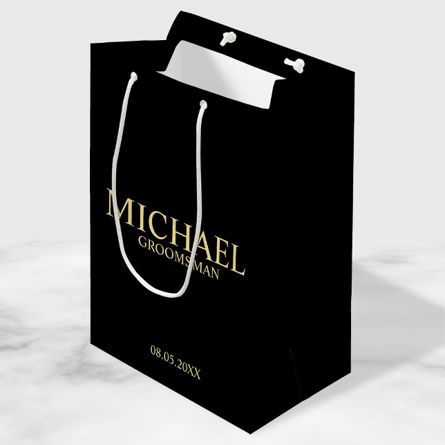 Modern Black and Gold Personalised Groomsman Medium Gift Bag (Creator Uploaded)
