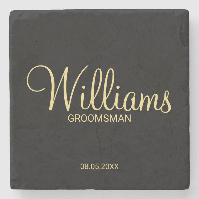 Modern Black and Gold Personalised Groomsman Stone Coaster (Front)