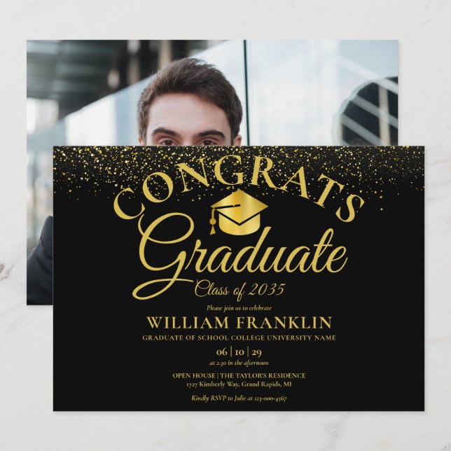 Modern Black And Gold Photo Graduation Party Invitation (Front/Back)