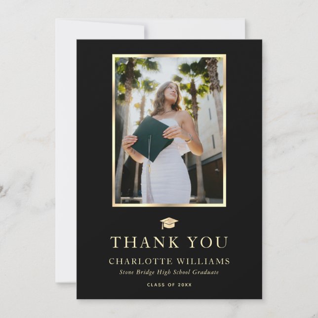 Modern Black and Gold Photo Graduation Thank You Card (Front)