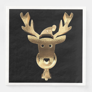 Modern Black and Gold Reindeer Santa Hat Christmas Napkin