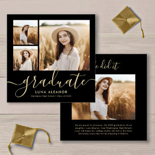 Modern Black and Gold Script 4 Photo Graduation Announcement