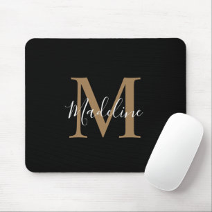 Modern Black and Gold Script Monogram Mouse Mat