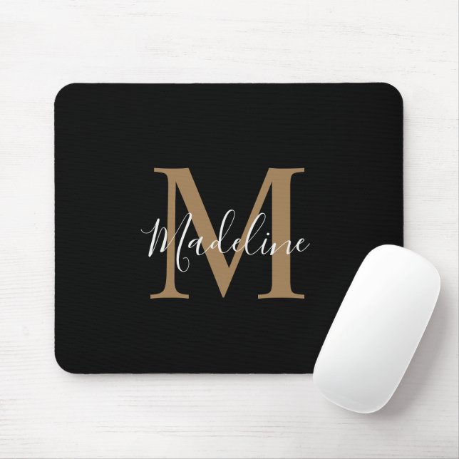 Modern Black and Gold Script Monogram Mouse Mat (With Mouse)
