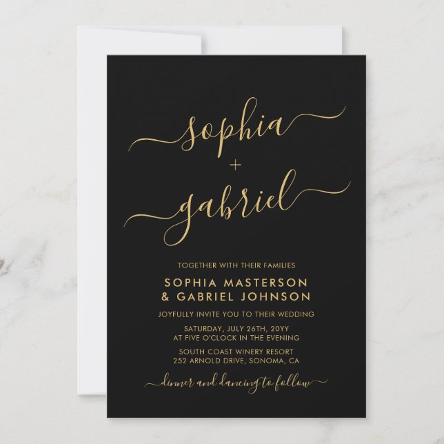 Modern Black and Gold Script Monogram Wedding Invitation (Front)