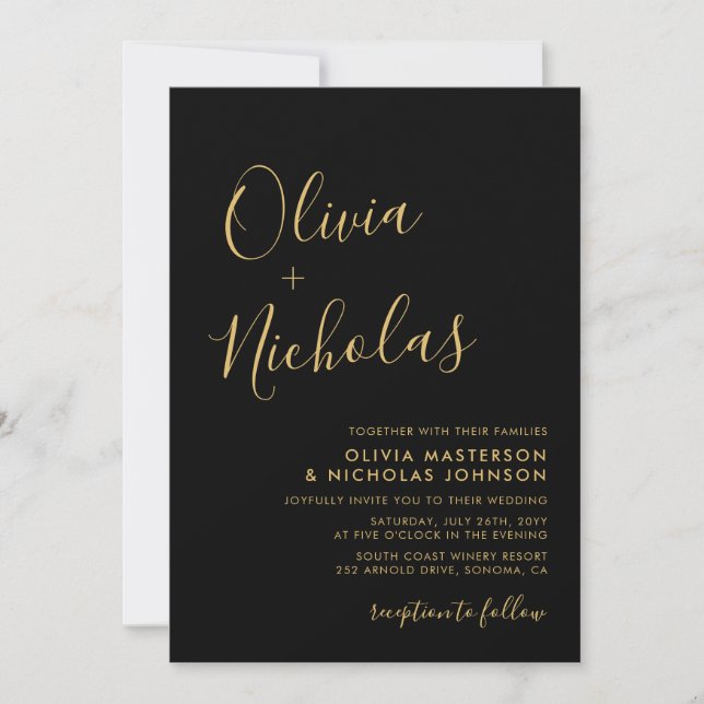 Modern Black and Gold Script Monogram Wedding Invitation (Front)