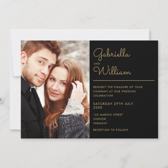 Modern Black And Gold Script Photo Wedding Invitation (Front)