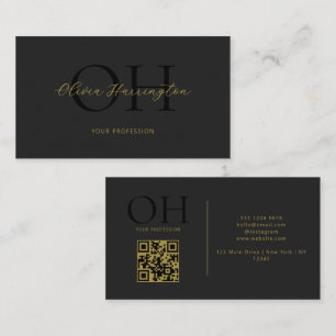Modern Black and Gold Script QR Code Monogram Business Card