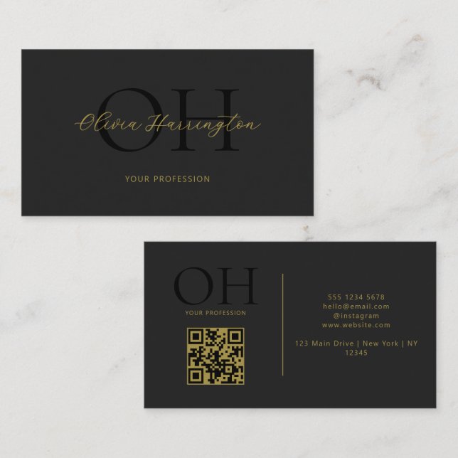 Modern Black and Gold Script QR Code Monogram Business Card (Front/Back)