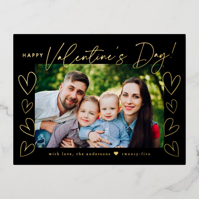 Modern Black and Gold Script Valentine's Day Photo Foil Holiday Postcard (Front)