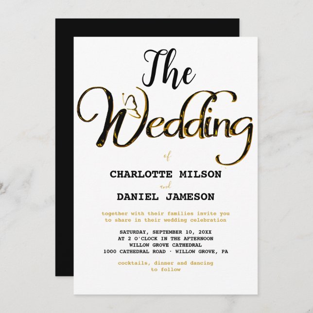 Modern black and gold  Simple Wedding Invitation (Front/Back)