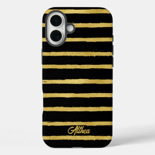 Modern Black and Gold Striped Customisable Name  iPhone 16 Plus Case