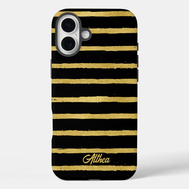 Modern Black and Gold Striped Customisable Name  Case-Mate iPhone Case (Back)