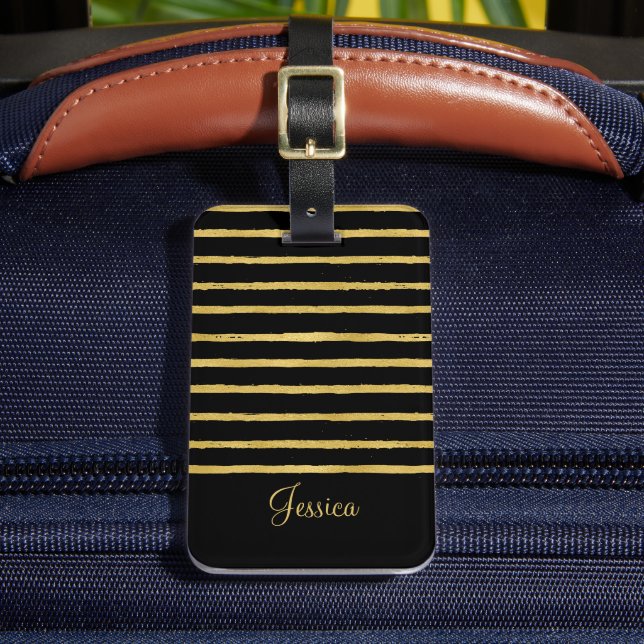 Modern Black and Gold Stripes  Luggage Tag (Front Insitu 2)