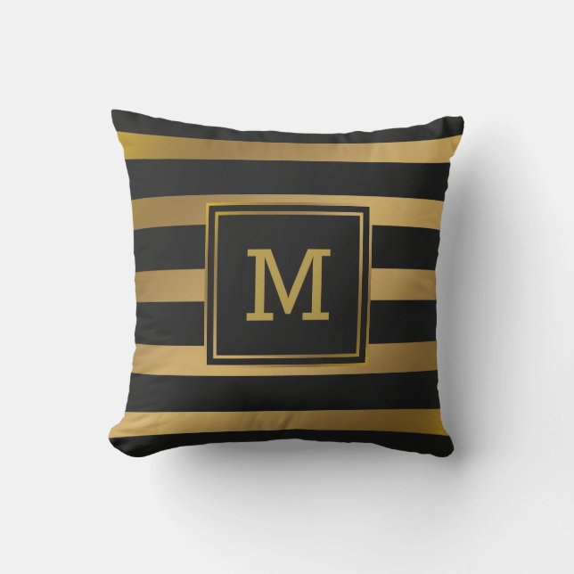 Modern Black and Gold Stripes Monogram Preppy Cushion (Front)