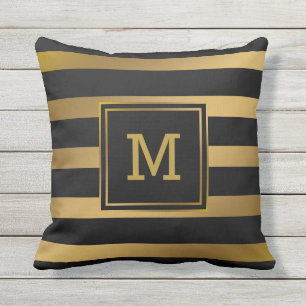 Modern Black and Gold Stripes Monogram Preppy Cushion