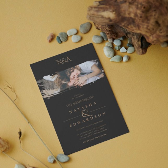 Modern Black And Gold Stroke Photo Wedding Invitation (Creator Uploaded)
