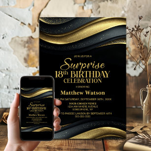 Modern Black and Gold Surprise 18th Birthday Party Invitation