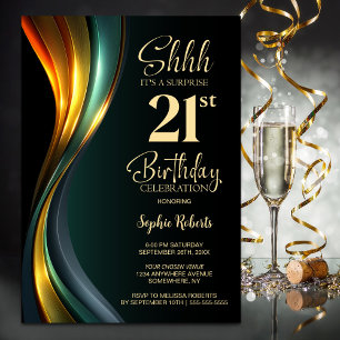 Modern Black and Gold Surprise 21st Birthday Party Invitation