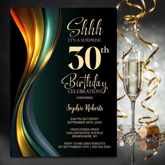 Modern Black and Gold Surprise 30th Birthday Party Invitation (Creator Uploaded)