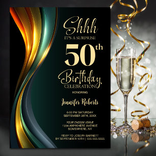 Modern Black and Gold Surprise 50th Birthday Party Invitation