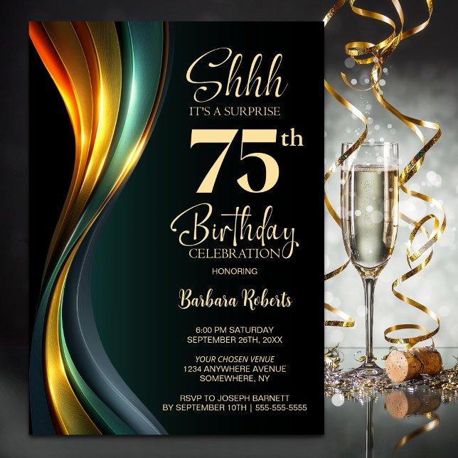 Modern Black and Gold Surprise 75th Birthday Party Invitation (Creator Uploaded)